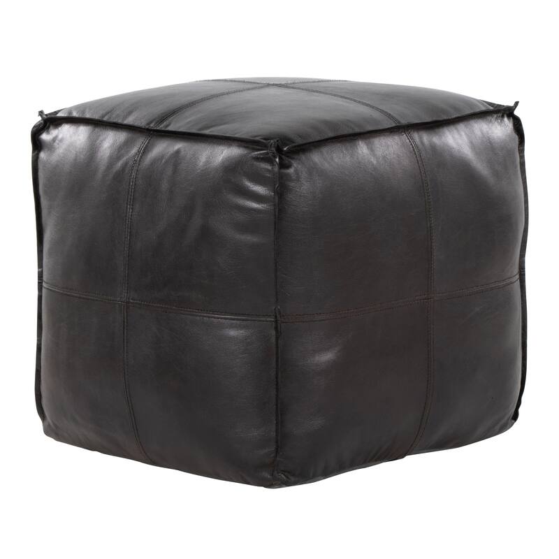 The Curated Nomad Najah Square Leather Pouf - Black