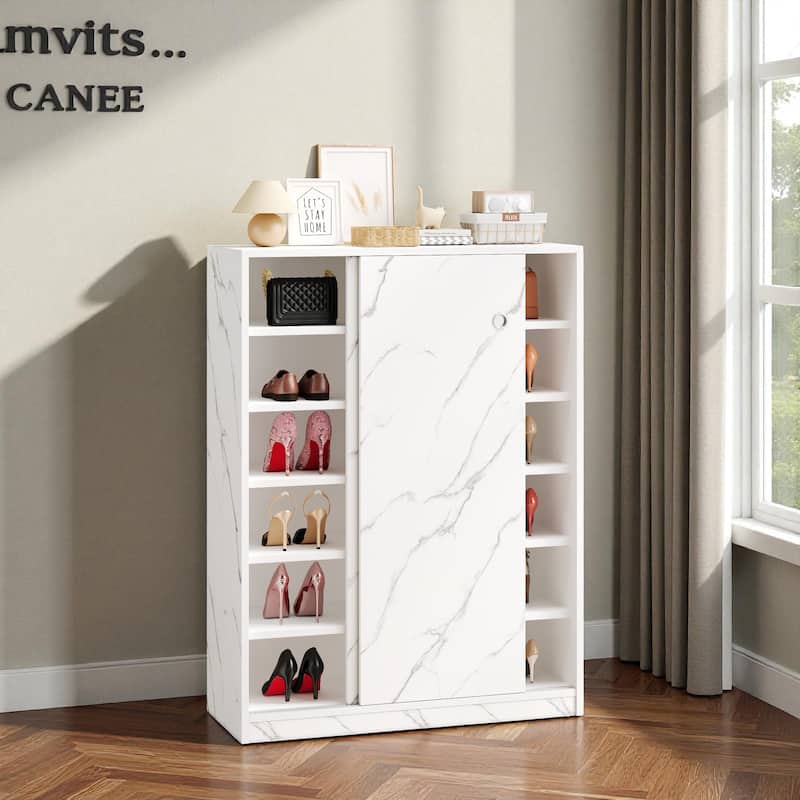 31.5" Marble Shoe Cabinet with Sliding Door, 6-Layer Large Capacity Freestanding Shoe Organizer for Entryway and Hallway