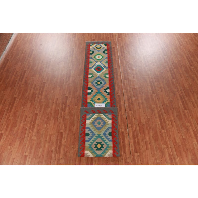 Hand Woven Oriental 100% Wool Carpet Southwestern Geometric Multi-Colored Kilim Runner Rug - 16' 8'' X 2' 9''
