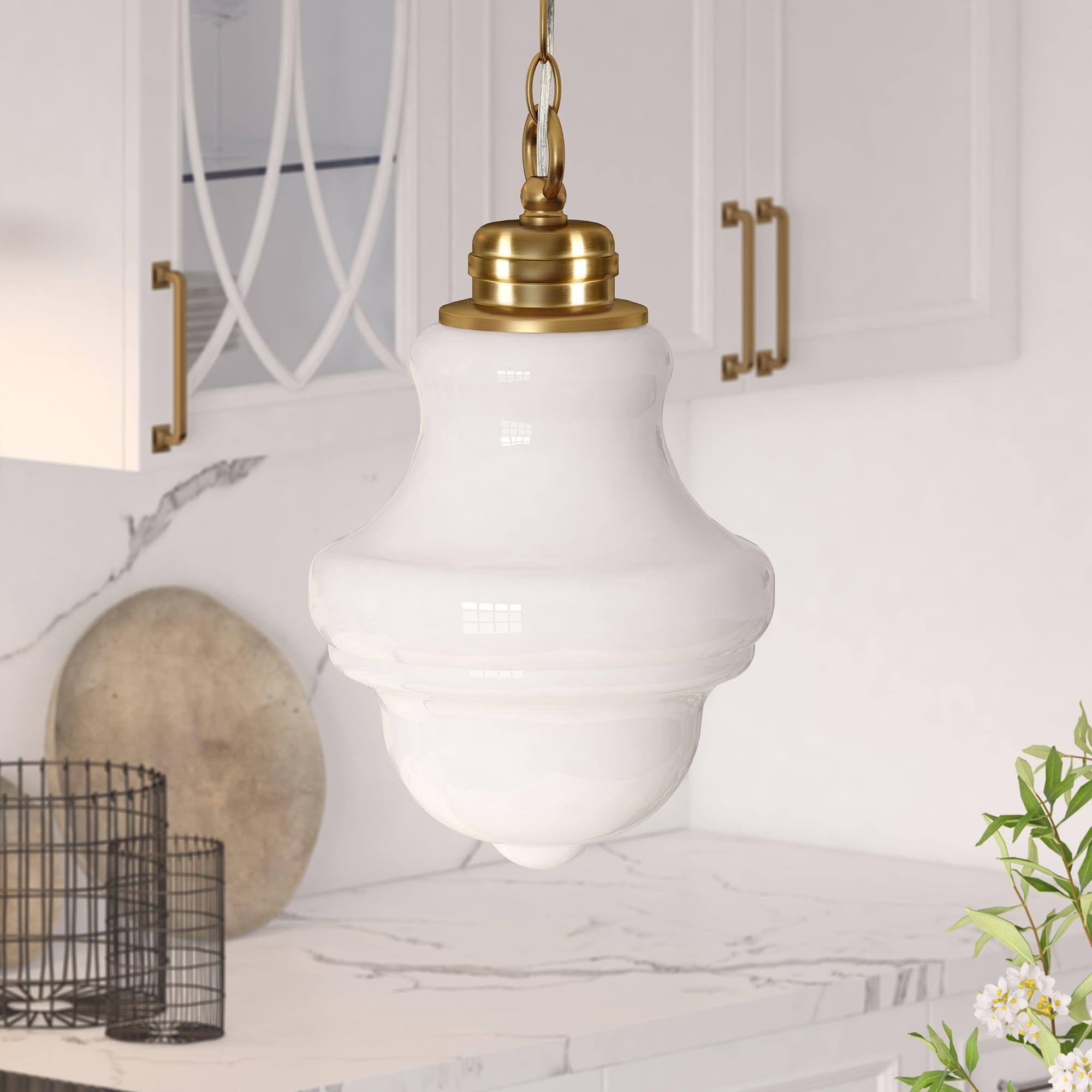Annie Brass and White Milk Glass Pendant Hudson Canal PD0502