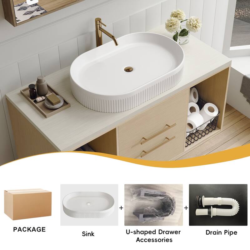 GDFStudio - Modern 39.3" Wall-Mounted Bathroom Vanity with Oval Ceramic Sink, Soft-Close Drawers & Open Shelf Storage