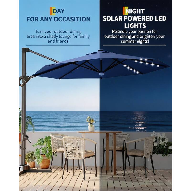 10FT Outdoor Cantilever Umbrella, 360-Degree Rotation, with LED