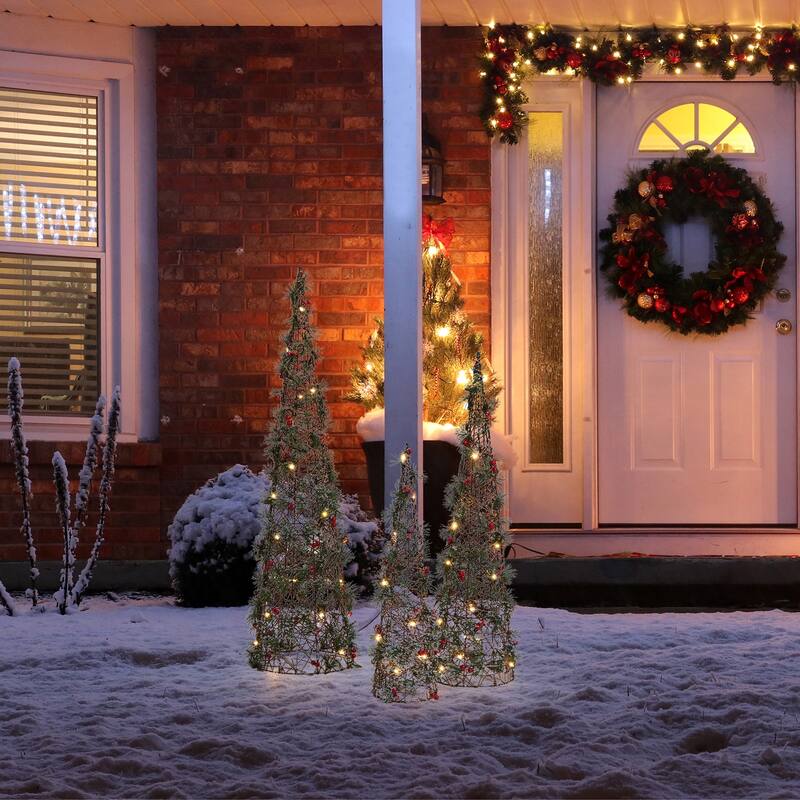 Glitzhome Set of 3 Lighted Christmas Plastic Tree with 75 Warm White LED Lights - Christmas Tree