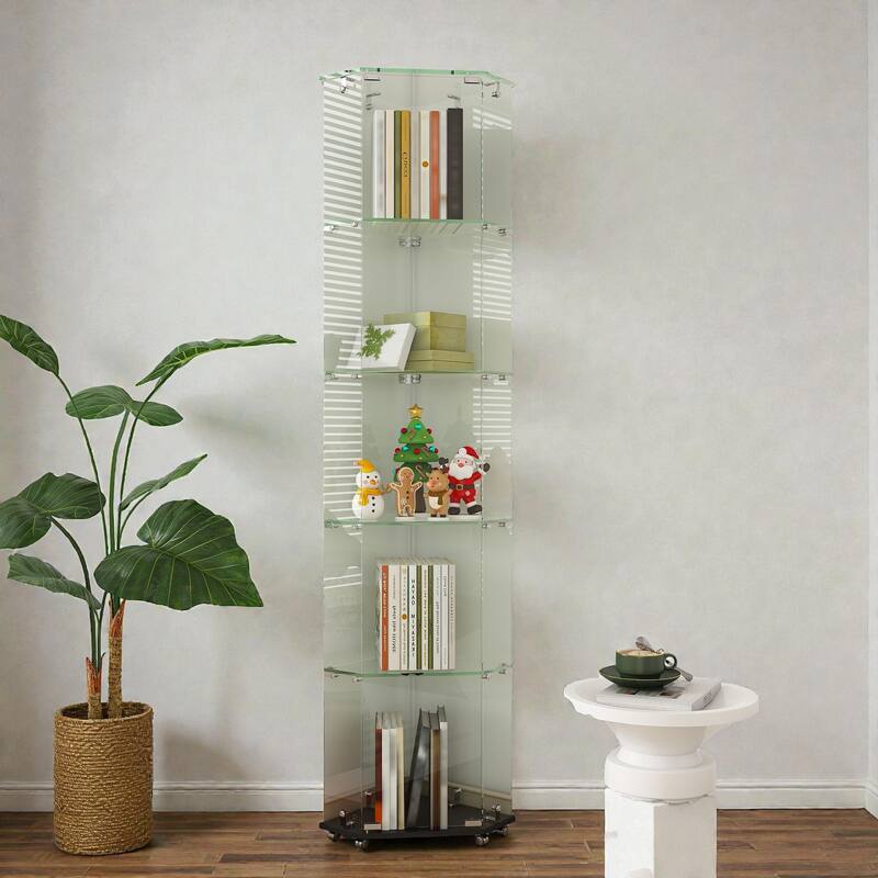 4-Tier Tempered Glass Display Case with 5-Mode Dynamic LED Lighting, Diamond Curio Cabinet for Collectibles Home Showcase