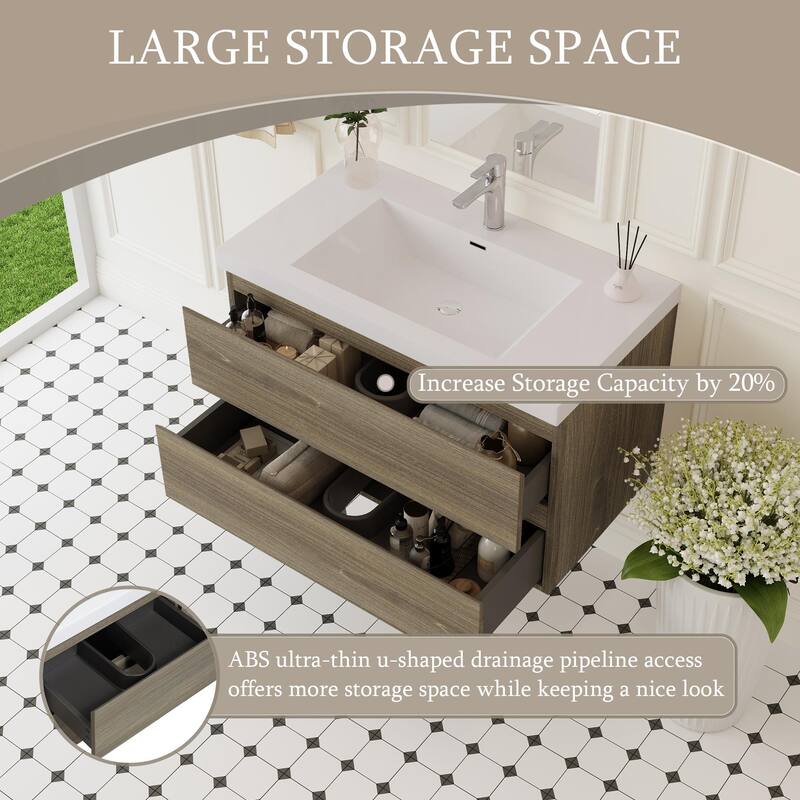 30" Wall-Mounted Bathroom Vanity with Resin Sink - Floating Bathroom Cabinet with Soft-Close Hinges,Floating Vanity Cabinet