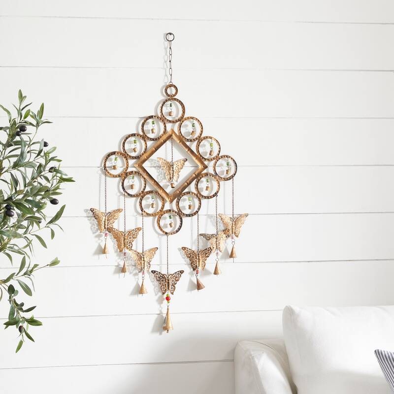 Brass Metal Butterfly Windchime with Beads and Cone Bells