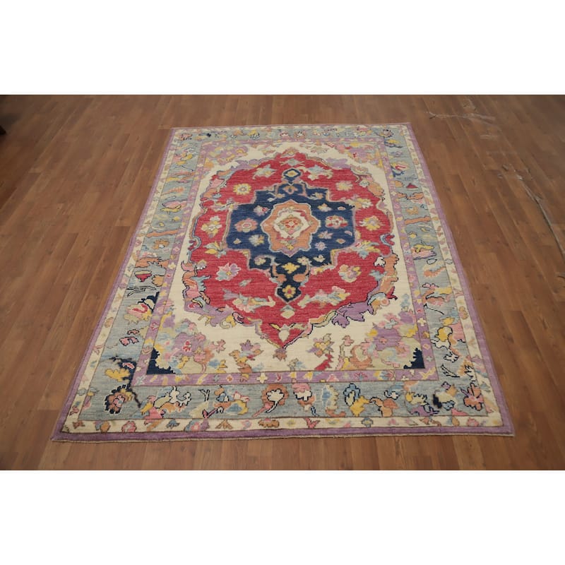 Hand Knotted Oriental 100% Wool Carpet Transitional Medallion Red Oushak Area Rug - 6' 11'' X 5' 1''