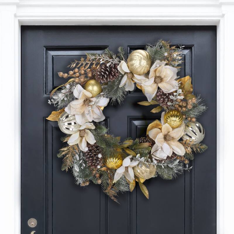 SAFAVIEH Home Faux 28-inch Needle Pine Wreath With White Poinsettias & Gold Accents