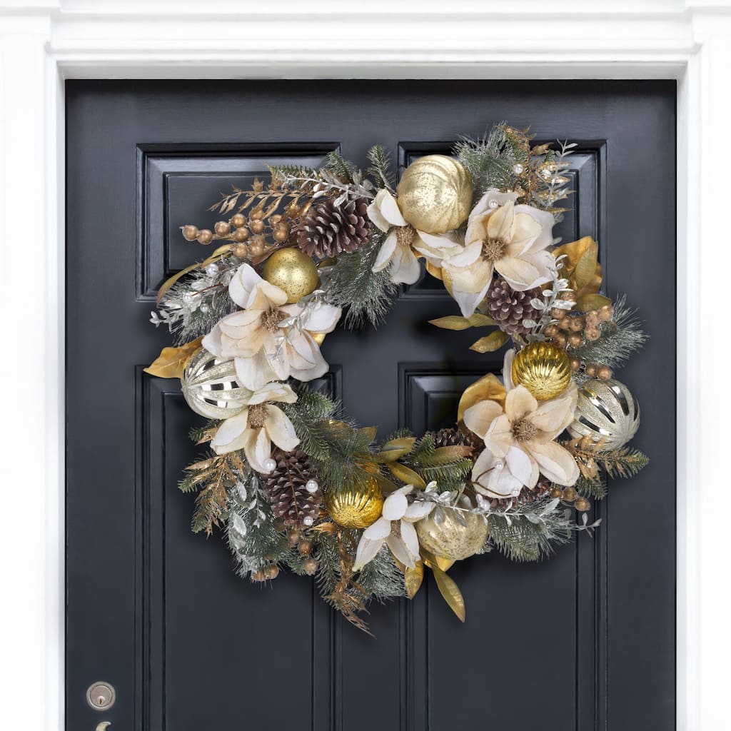 SAFAVIEH Home Faux 28-inch Needle Pine Wreath With White Poinsettias & Gold Accents