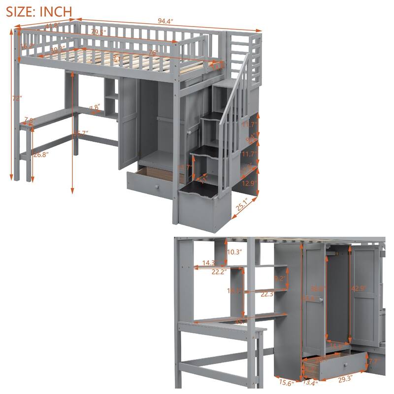 Merax Twin size Loft Bed with Bookshelf,Drawers,Desk,and Wardrobe