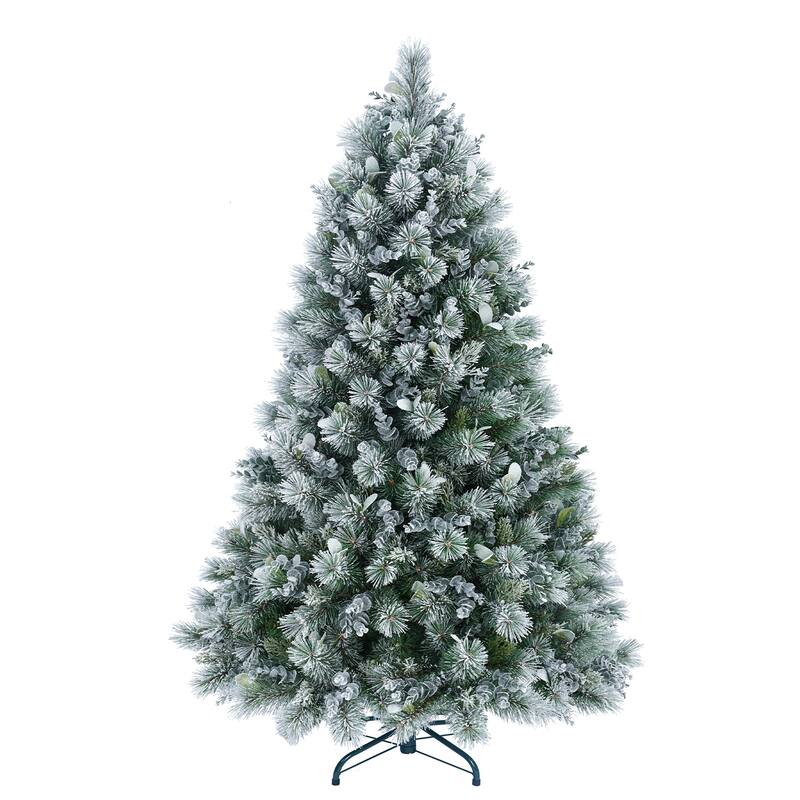 Flocked Artificial Christmas Tree - Pine Needles, Eucalyptus Leaves, Hinged Branches, Metal Stand - White+Green