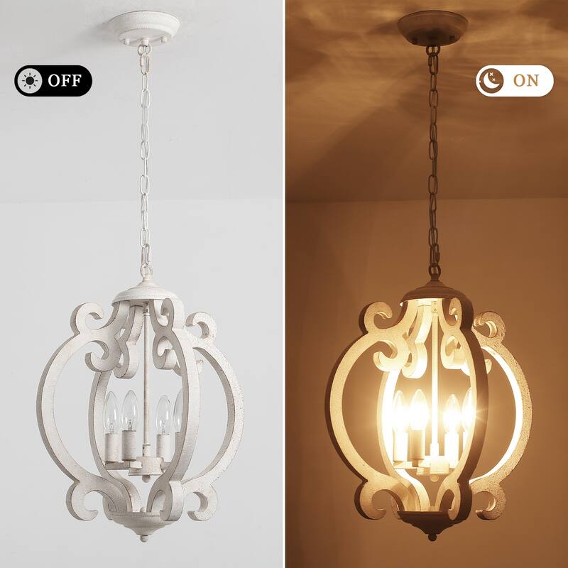 4-Light 15.74-inch Farmhouse Wooden Lantern Chandeliers for Entryway