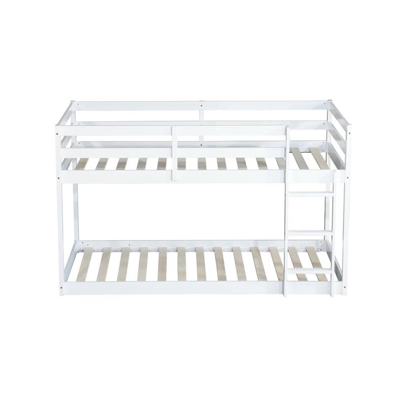 Roomfitters Solid Rubber Wood Twin over Twin Floor Bunk Bed with Ladder, Reinforced Slat Platforms, Low Height Design