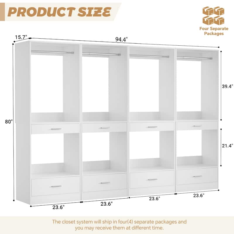 Qvella 23.6'' W Closet System with Hanging Rods and Wooden Drawers, Modular Walk-In Closet Organizer with Pants Rack