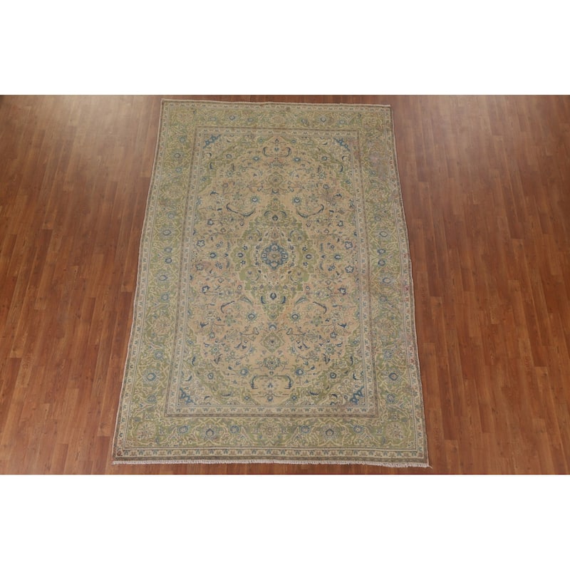 Hand Knotted Oriental 100% Wool Carpet Traditional Floral Peach Kashan Area Rug - 9' 8'' X 6' 6''
