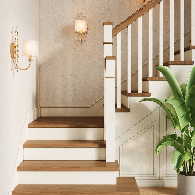 Crystal Wall Sconce with 2-Tier Shade, Bathroom Vanity Light - 5.5'' W × 9.1'' D × 15.9'' H