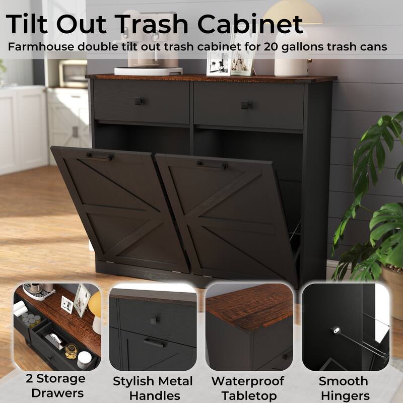 Farmhouse Double Tilt Out Trash Cabinet for Two 10 Gallon Bins, Barn Door Recycling Cabinet with Drawer Storage