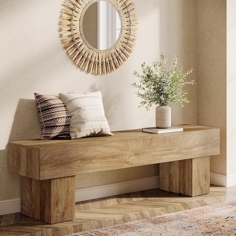63“ Extra Long Dining Bench, Farmhouse Wooden Entryway Bench for Bedroom, Hallway, Light Brown