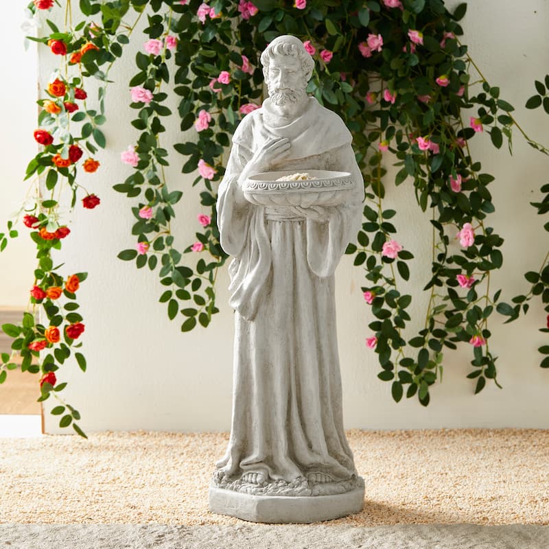 Glitzhome Vintage MgO Saint Francis Garden Statue Sculpture with Birdfeeder Feeding Animals