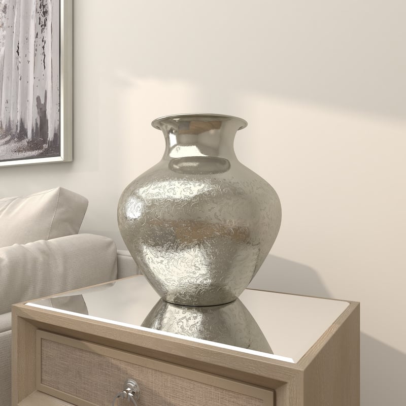 Silver Aluminum Metal Round Engraved Decorative Vase