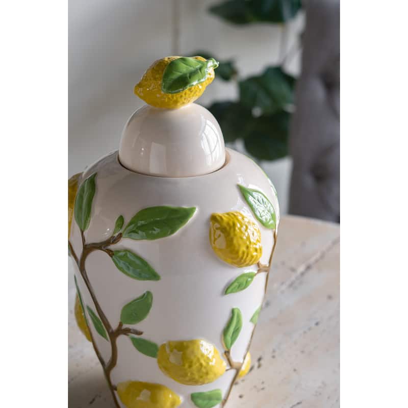 8.7x8.7x15" White Ceramic Lidded Jar with Playful Lemon Design