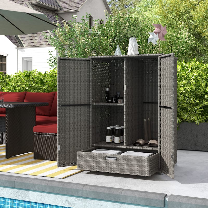 Outsunny Outdoor PE Rattan Wicker Towel Rack & Pool Toy Cabinet, Hot Tub Accessory Storage with Two Doors, Freestanding Cabinet - Grey