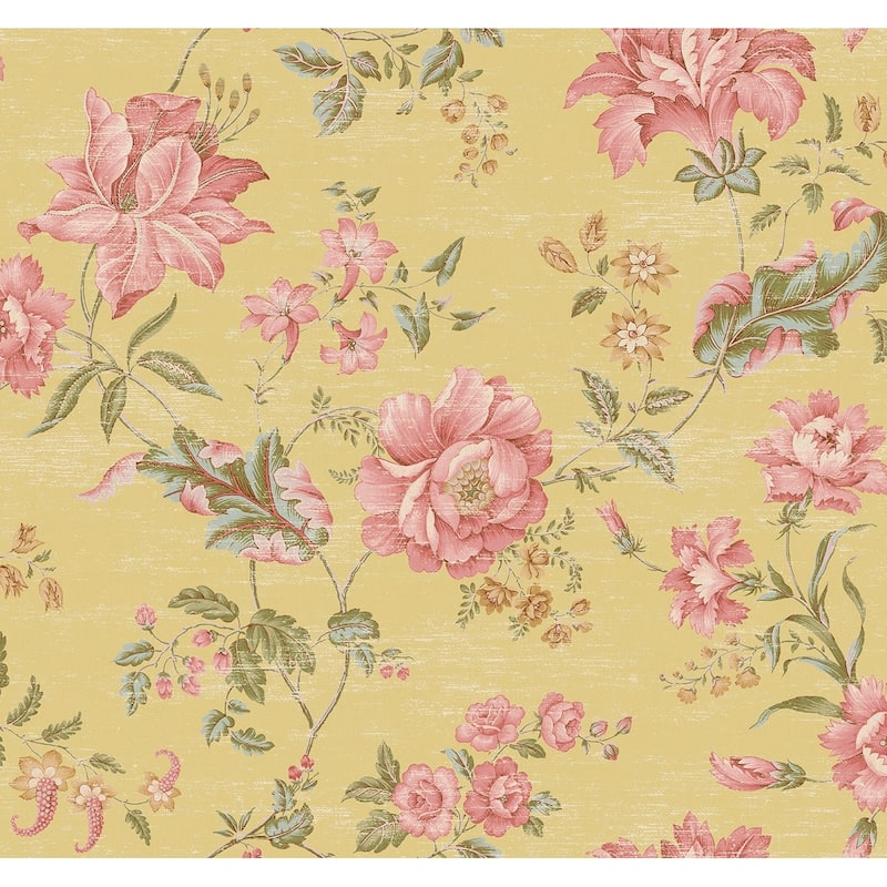Seabrook Designs Niketa Floral Trail Unpasted Wallpaper - 27 in. W x 27 ft. L - Metallic Banana & Bubblegum