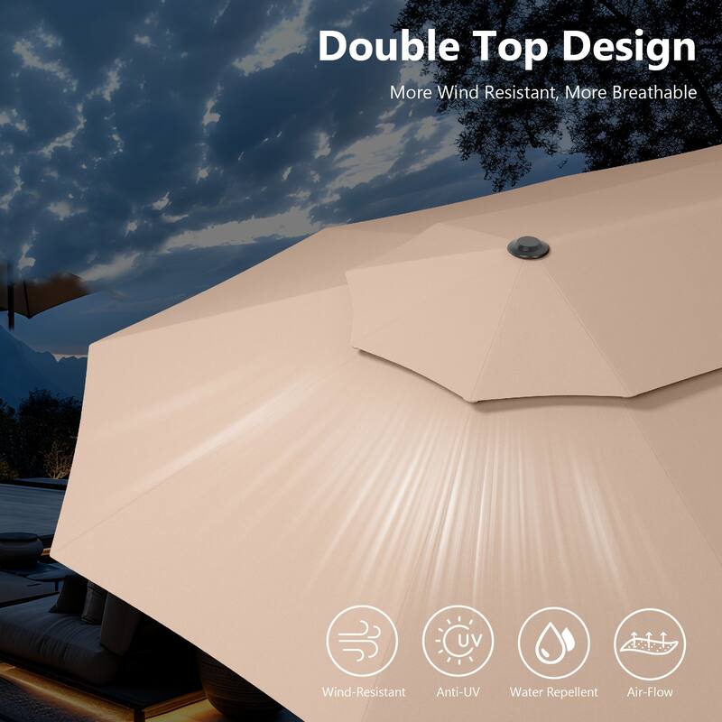 MAISON ARTS 15ft 2-Tier Large Patio Umbrella with Solar Lights, Double-Sided Outdoor Market Umbrellas with Base Included