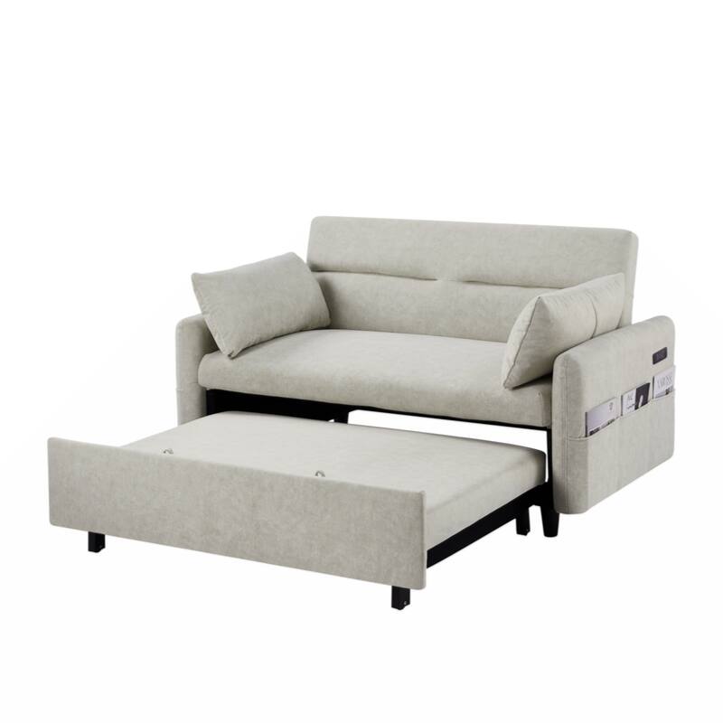 55.1" Pull Out Sleep Sofa Bed Loveseats Sofa Couch with Adjsutable Backrest,Storage Pockets,2 Soft Pillows,USB Ports,Beige