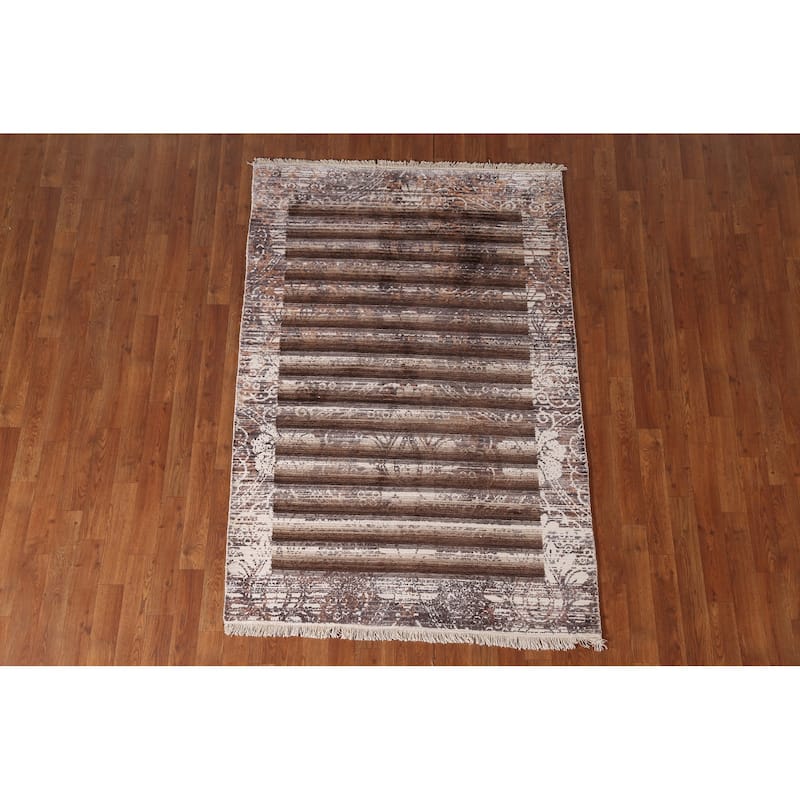 Striped Abstract Accent Rug Handmade Wool Carpet - 4'0"x 5'10"