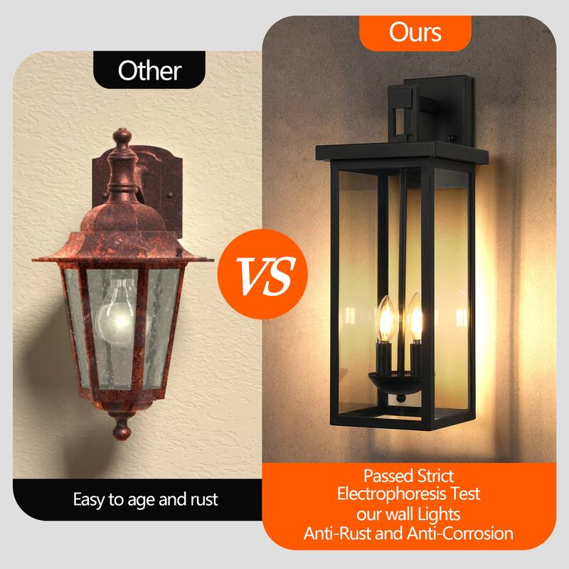 2-Pack 22.0" Outdoor Wall Lantern with Dusk to Dawn Sensor, Matte Black Finish, Clear Glass Panels, Weatherproof