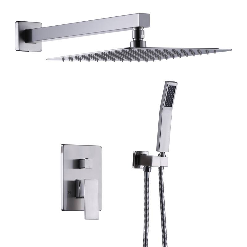 WOWOW 10 in. Square Shower Head 2-Spray Shower Faucet with Single Handle - 10 in. - Brushed Nickel