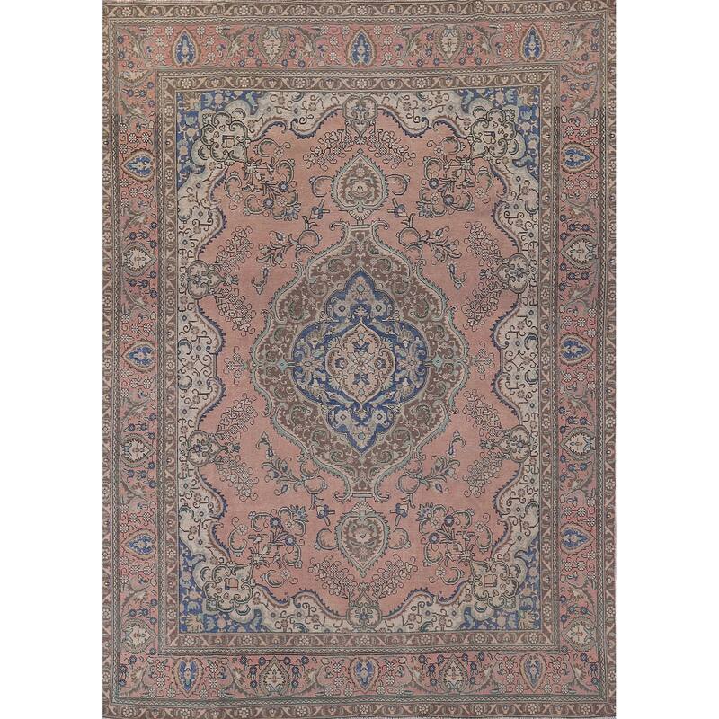 Pink Tabriz Persian Vintage Area Rug Hand-Knotted Wool Carpet - 9'7" x 12'4"