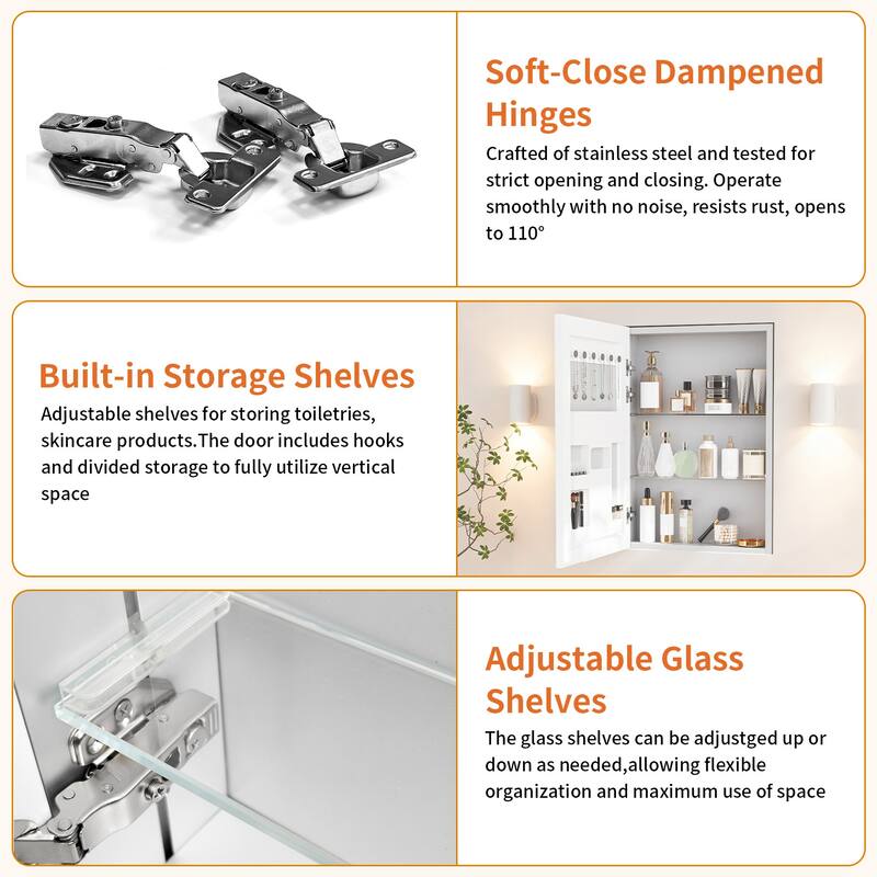 Bathroom Mirror Medicine Cabinet Recessed or Surface Mount with Adjustable Shelves - 20x5x28 inch