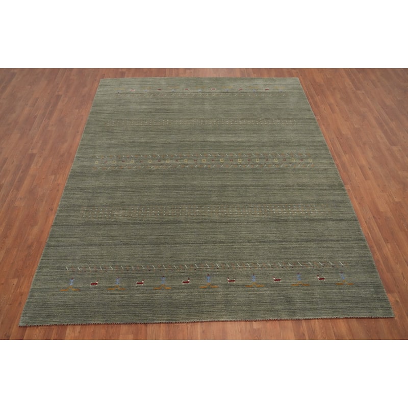 Hand Knotted Oriental 100% Wool Carpet Tribal Animal Pictorial Green Gabbeh Area Rug - 9' 8'' X 7' 11''