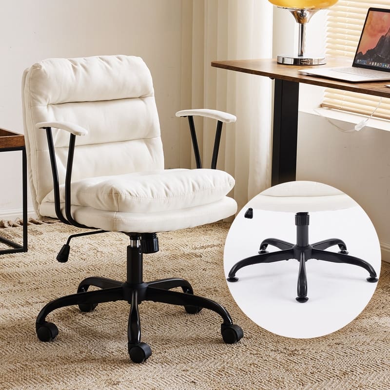 24.4 Inch Upholstered Swivel Office Chair With Leg Pegs And Wheels - White