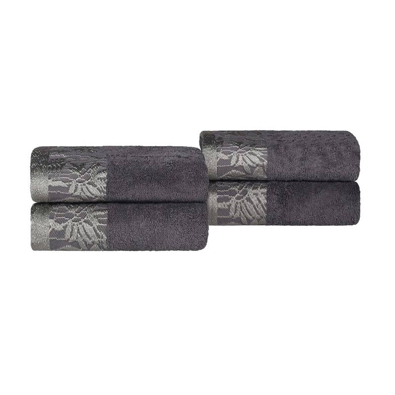 Superior Wisteria Cotton Floral Jacquard Border Hand Towels, Set of 4