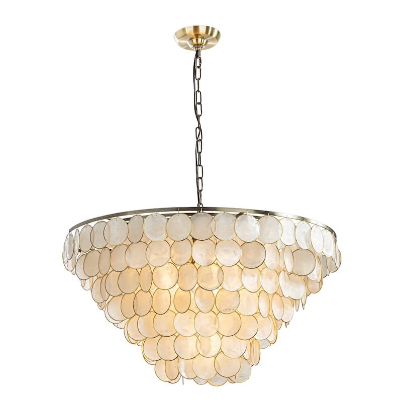Wide Modern Coastal Aged Bronze Natural Capiz Shell Tiered Chandelier Vintage Glam Pendant For Living Room - W30''