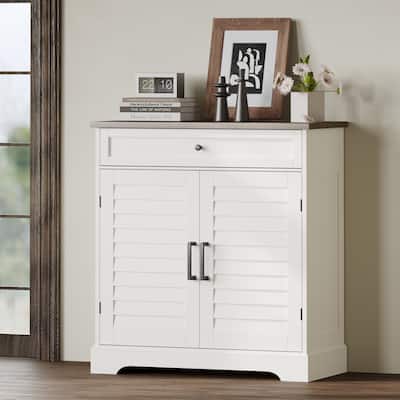 16 Pair Shoe Cabinet with Shuttered Doors, Wood Storage Cabinet with Drawer, Large Storage Entryway Accent Cabinet
