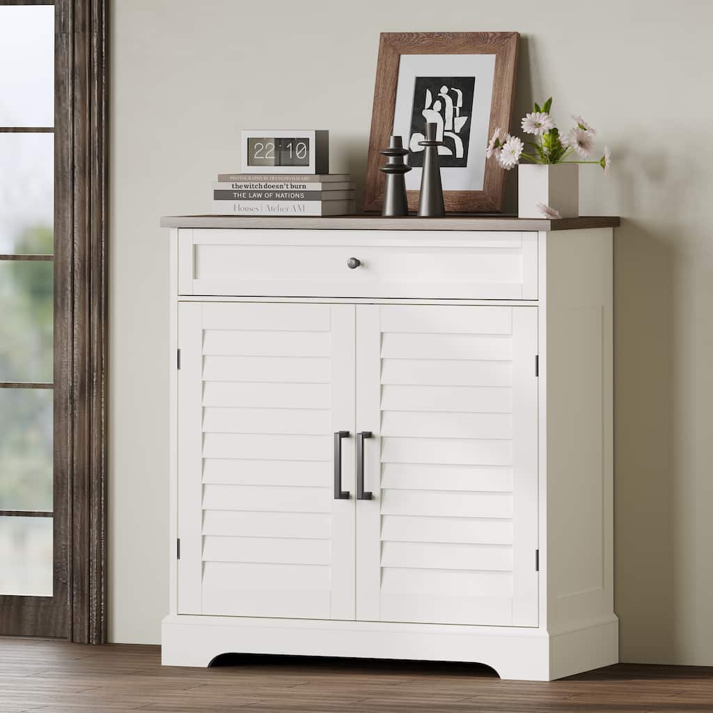 16 Pair Shoe Cabinet with Shuttered Doors, Wood Storage Cabinet with Drawer, Large Storage Entryway Accent Cabinet