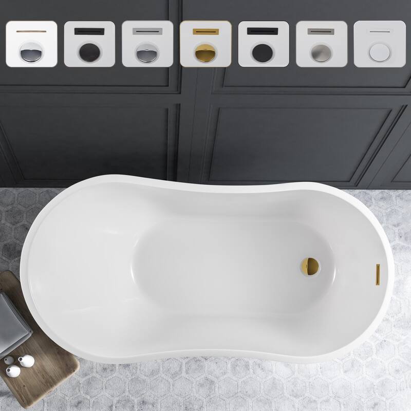 Vanity Art 54" X 28" White Acrylic Freestanding Bathtub - White/Titanium Gold