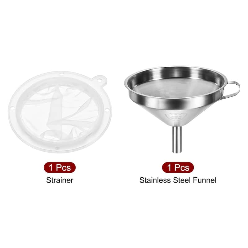 5.9" Dia Stainless Steel Kitchen Funnel with 100 Mesh Strainer White Silver Tone - White, Silver Tone