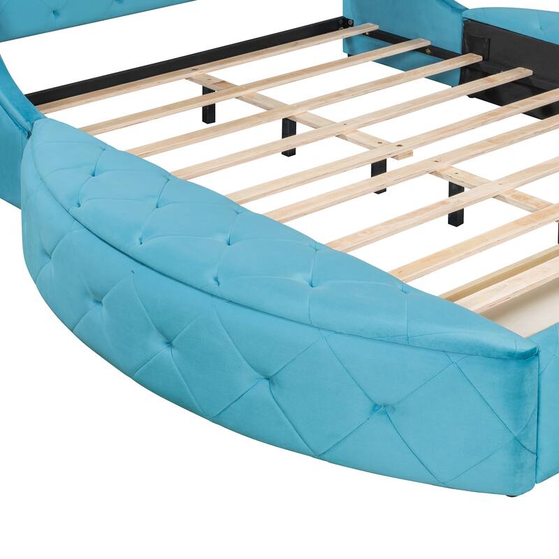 Queen Size Velvet Upholstered Platform Bed with Wingback Headboard, Tufted Design & Hidden Storage Solutions