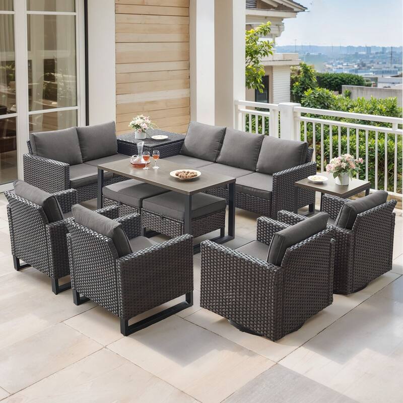 Gymojoy 9-11 Person Outdoor Courtyard Wicker Family Party Conversation Set Group With Swivel Chairs And 52" Table