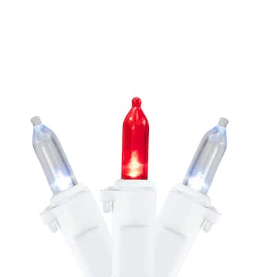 Set of 50 Red & Pure White LED Mini Christmas Lights 4" Spacing - White Wire