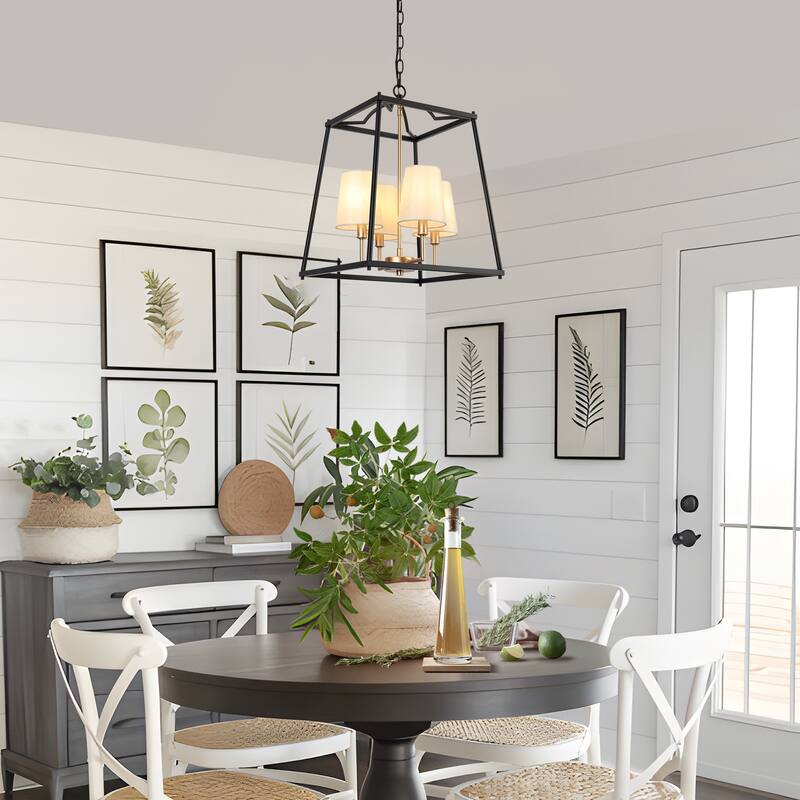 Modern Farmhouse 4-Light Black Gold Geometric Chandelier Metal Pendant Lights with Fabric Shades - 14 "