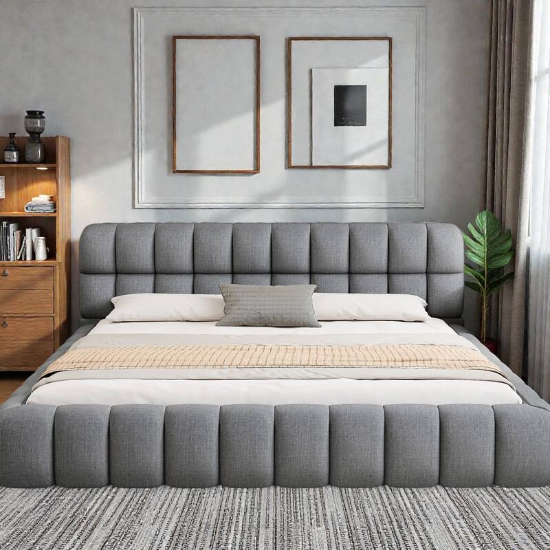 King Size Upholstered Platform Bed with Thick Linen Fabric, Low Profile Grounded Bed Frame, Solid Support