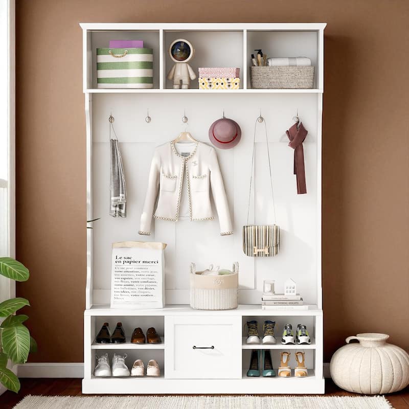 57 in Hall Tree with 6 Hooks, Entryway Bench, 3-in-1 Coat Rack with Drawer, Adjustable Shoe Shelves, 85 in H