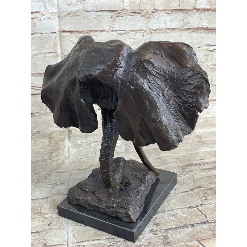 Imitative Elephant Head Bronze Metal Bust Statue Sculpture Figure Decor Signed Original Art Marble Base