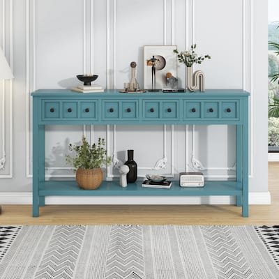 60" Long Sofa Table Entryway Console Table with 4 Drawers & Storage Shelf for Living Room Hallway Side Table, Turquoise Green